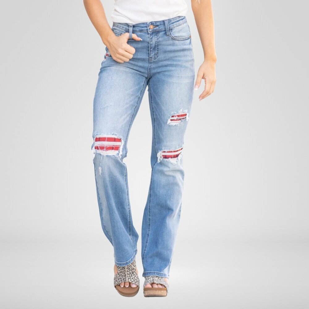Judy Blue Plaid Patch Distressed Mid Rise Boot Cut Jeans